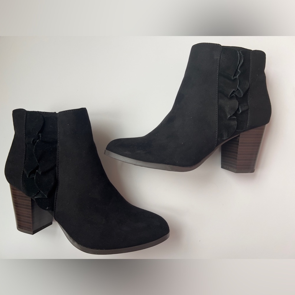 Fergalicious by Fergie Black Ruffle Suede Booties